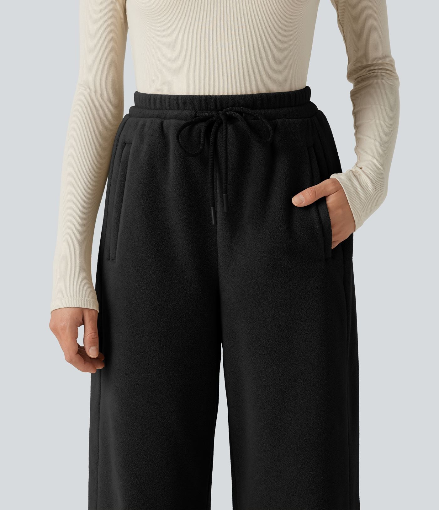 Pantalon large décontracté en polaire taille haute avec cordon de serrage et poches