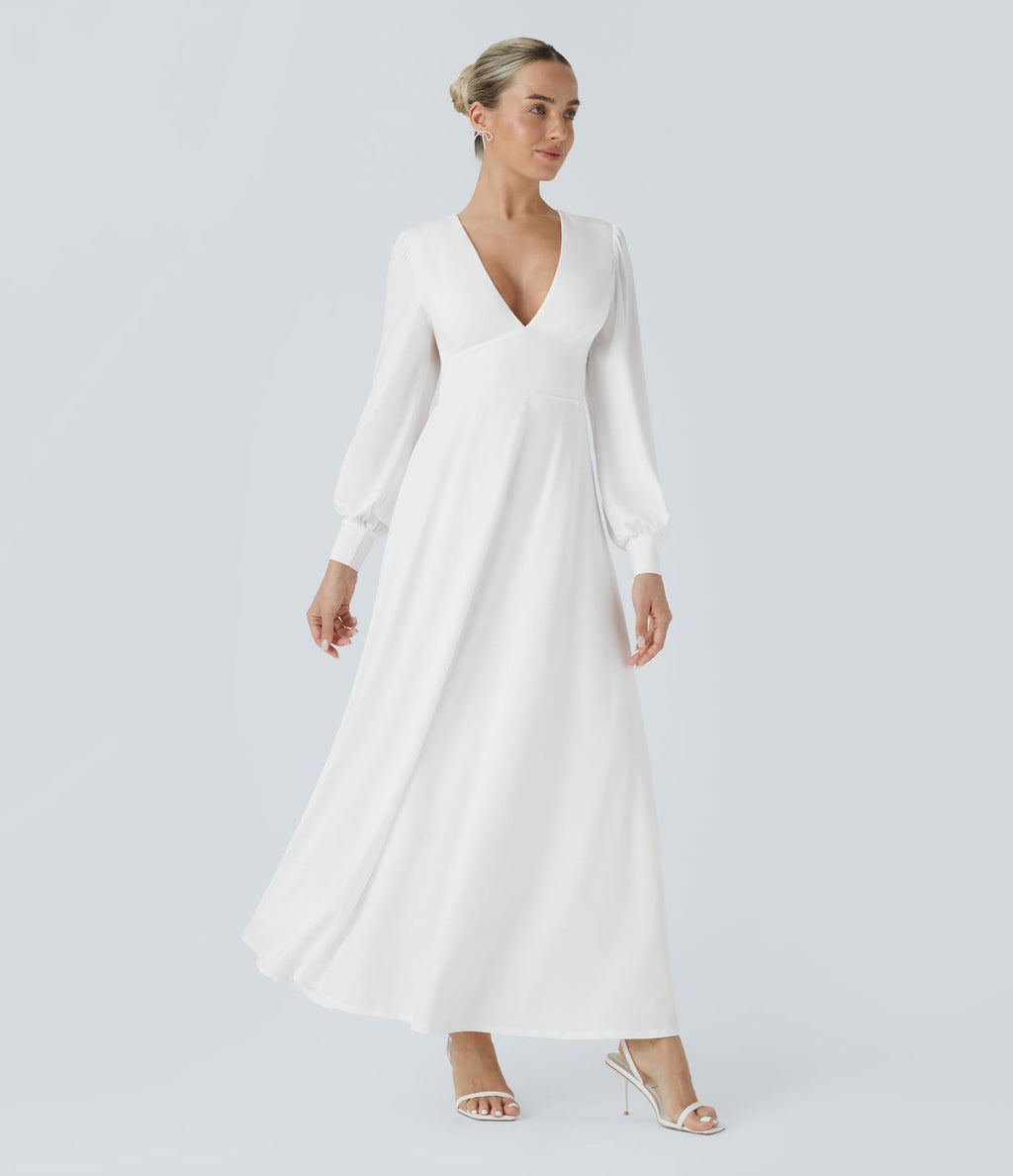 Robe longue de demoiselle d'honneur et invitée de mariage, col V, dos nu, liens à nouer, boutons et manches évasées