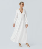 Robe longue de demoiselle d'honneur et invitée de mariage, col V, dos nu, liens à nouer, boutons et manches évasées