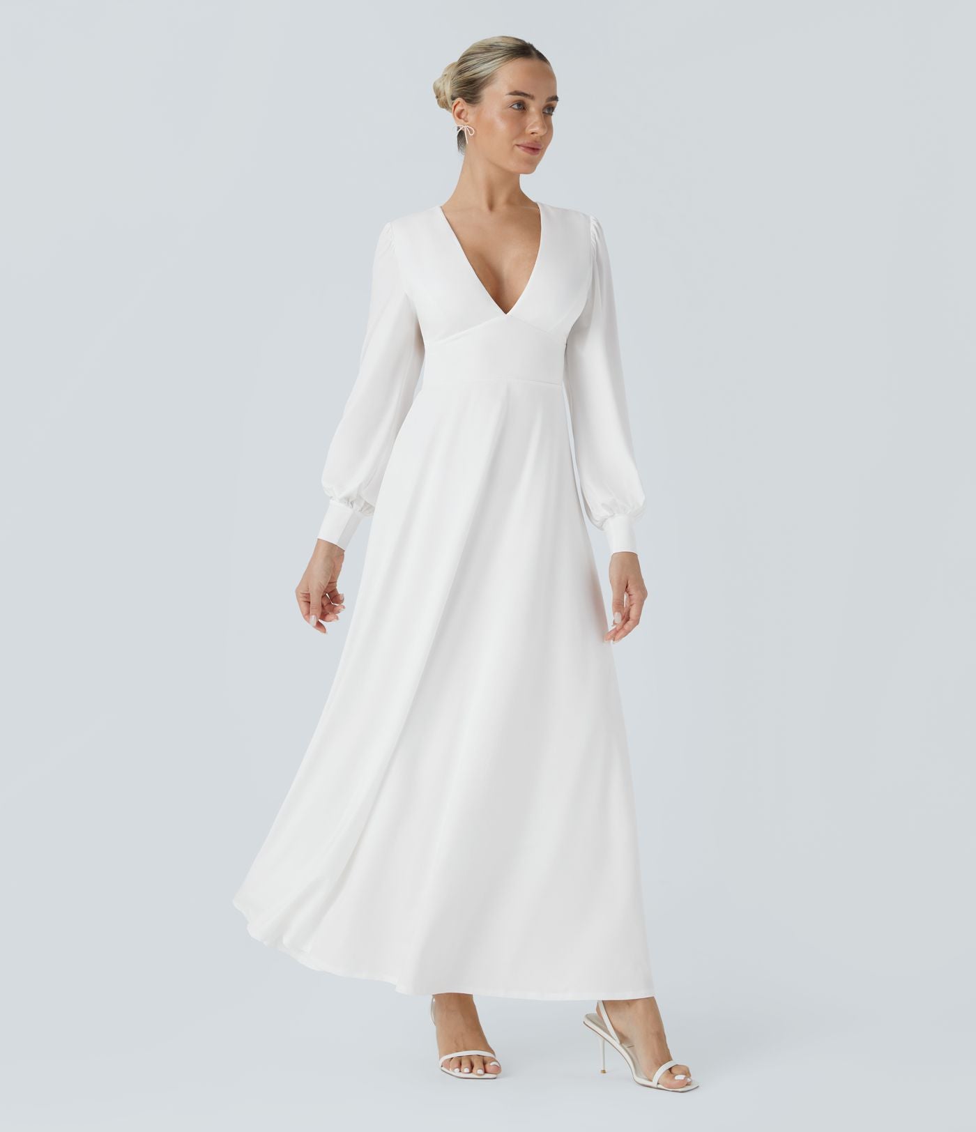 Robe longue de demoiselle d'honneur et invitée de mariage, col V, dos nu, liens à nouer, boutons et manches évasées