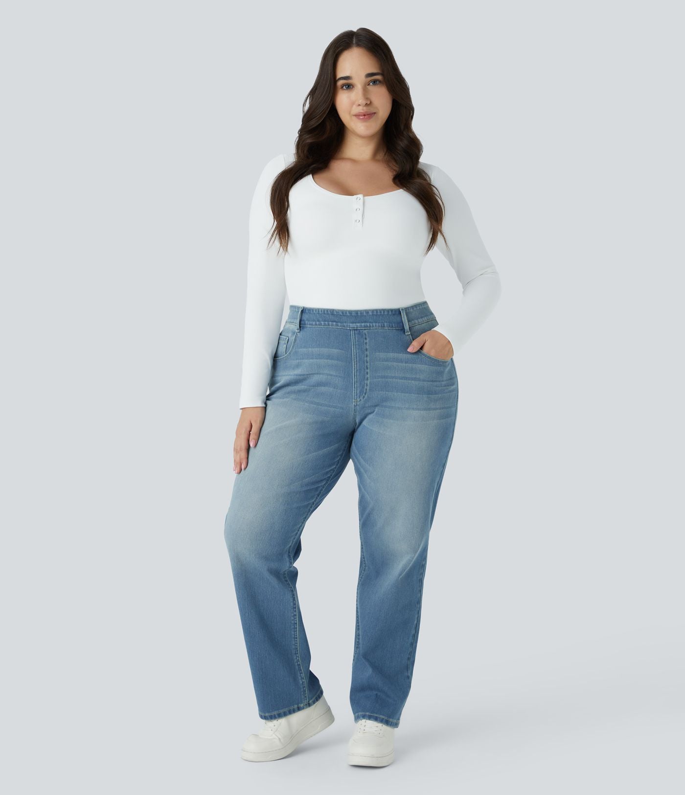 Jean décontracté Halara Flex™ grande taille, taille haute, multiples poches, jambes droites, effet délavé, en maille extensible