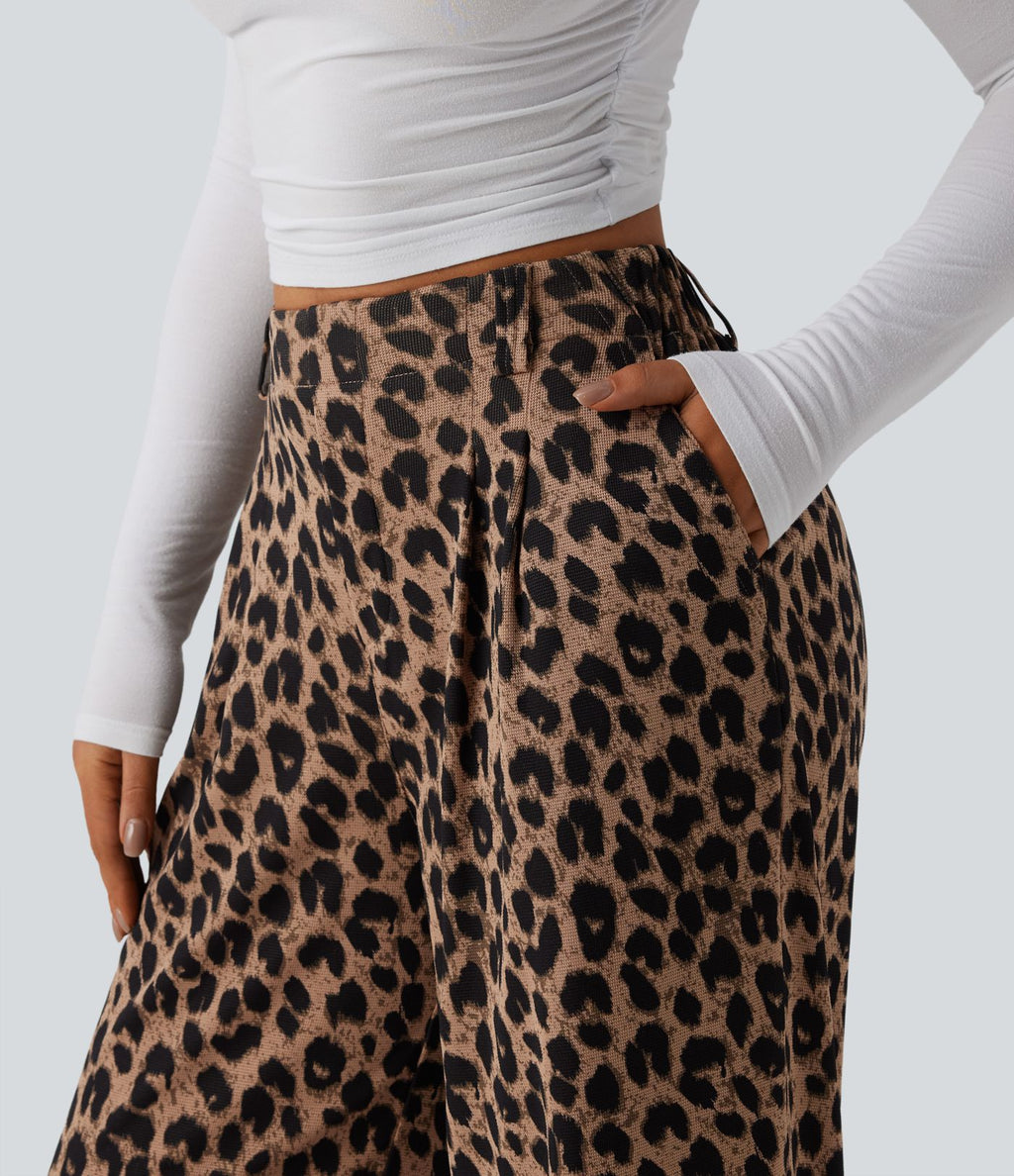 Pantalon large décontracté taille haute imprimé léopard en tissu gaufré avec poches