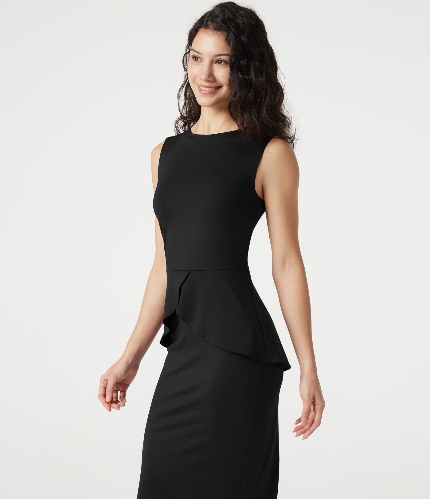 Robe tailleur midi sans manches col rond