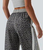 Pantalon ample décontracté taille mi-haute avec cordon de serrage color block rayures léopard contrastant avec poches