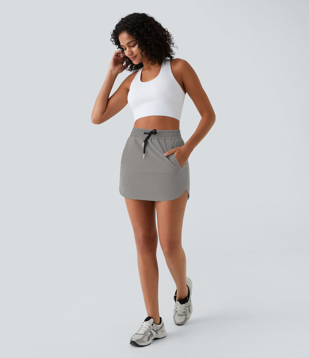 Mini-Jupe Golf Taille Haute Cordon de Serrage Poches Latérales Ourlet Courbé 2 en 1