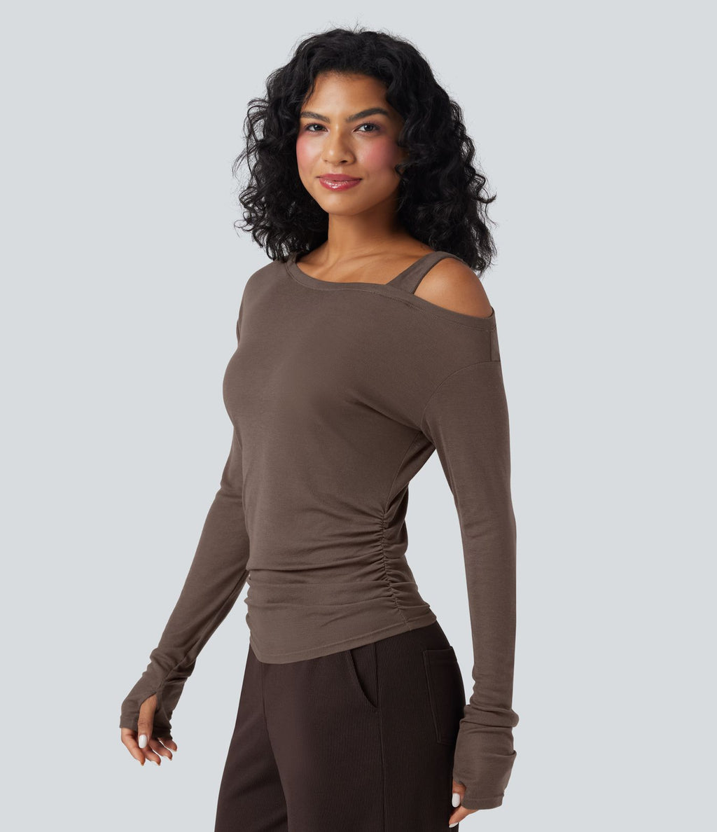 T-shirt décontracté asymétrique en mélange de laine à une épaule et manches longues