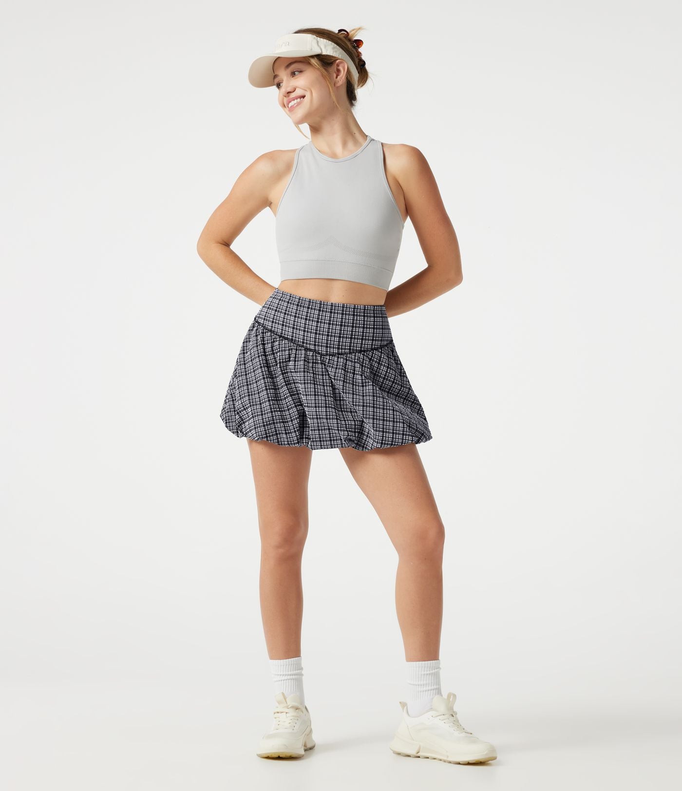 Jupe de tennis mini 2-en-1 bulle taille haute à carreaux froissés et séchage rapide avec poches