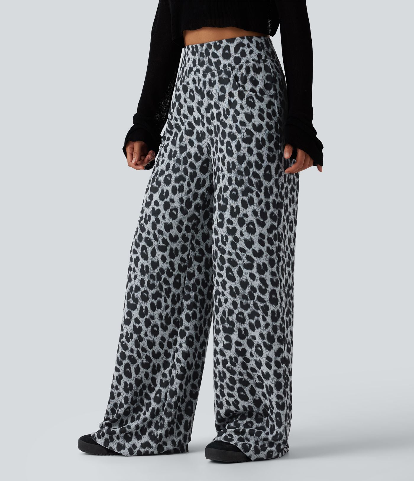 Pantalon large décontracté taille haute gaufré imprimé léopard avec poches