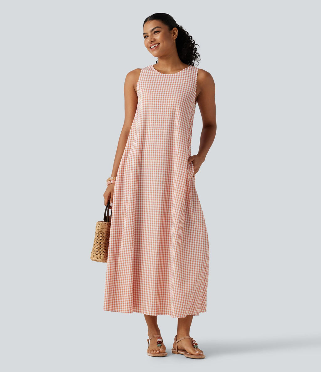 Robe débardeur midi décontractée col rond sans manches en vichy froissé avec poches