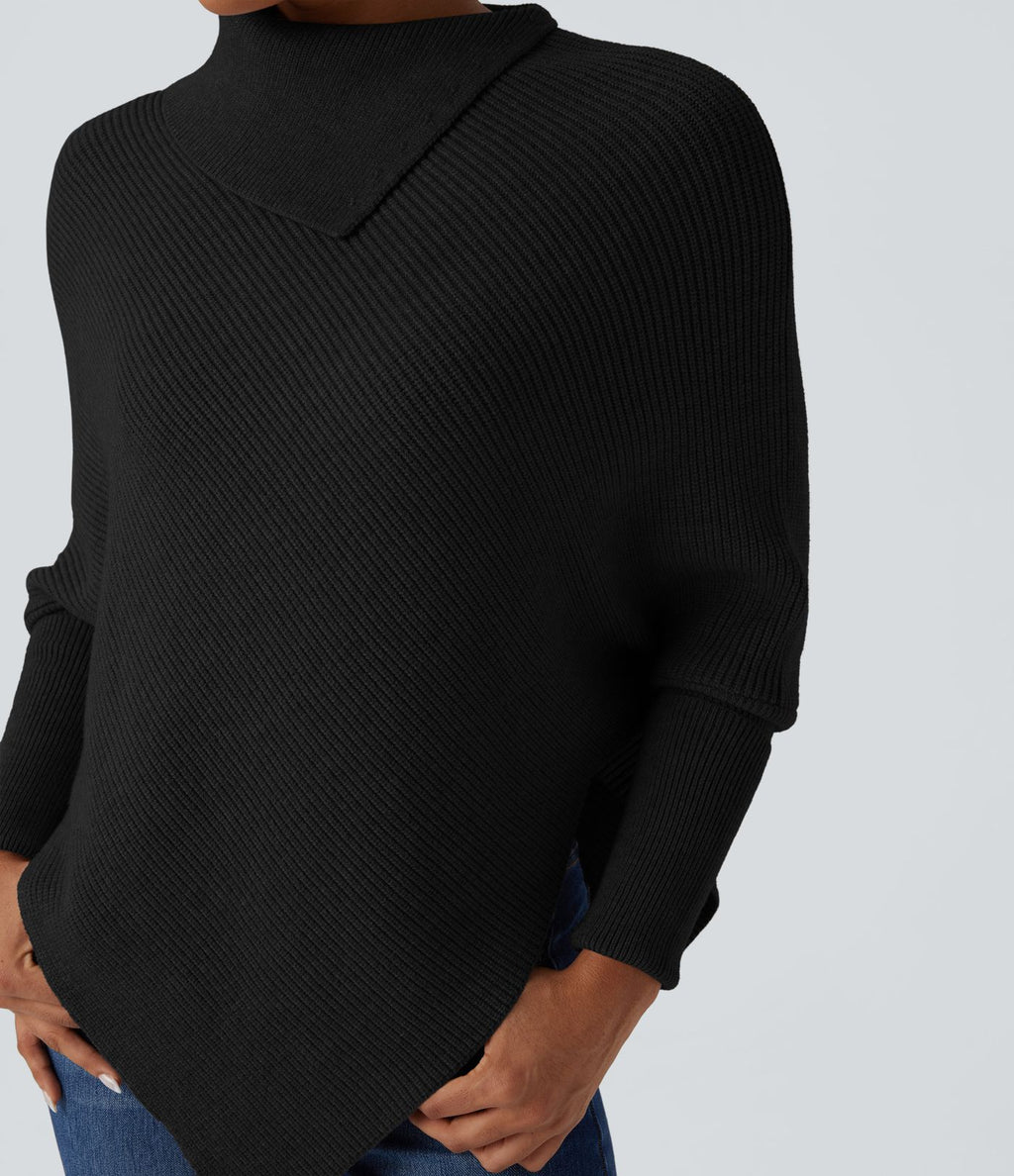 Pull cape décontracté col roulé manches chauve-souris ourlet asymétrique