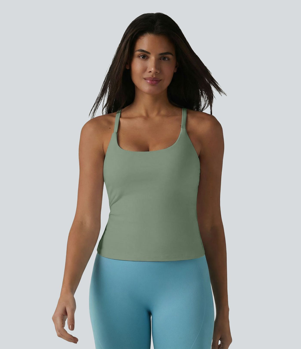 Caraco de yoga col rond échancré à dos croisé et ourlet croisé avec brassière intégrée — Bonnets E-G