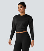 Top de sport yoga court froncé col rond manches longues