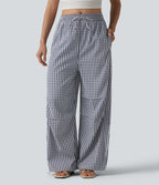 Pantalon ample décontracté à carreaux vichy, taille mi-haute, cordon de serrage et poches