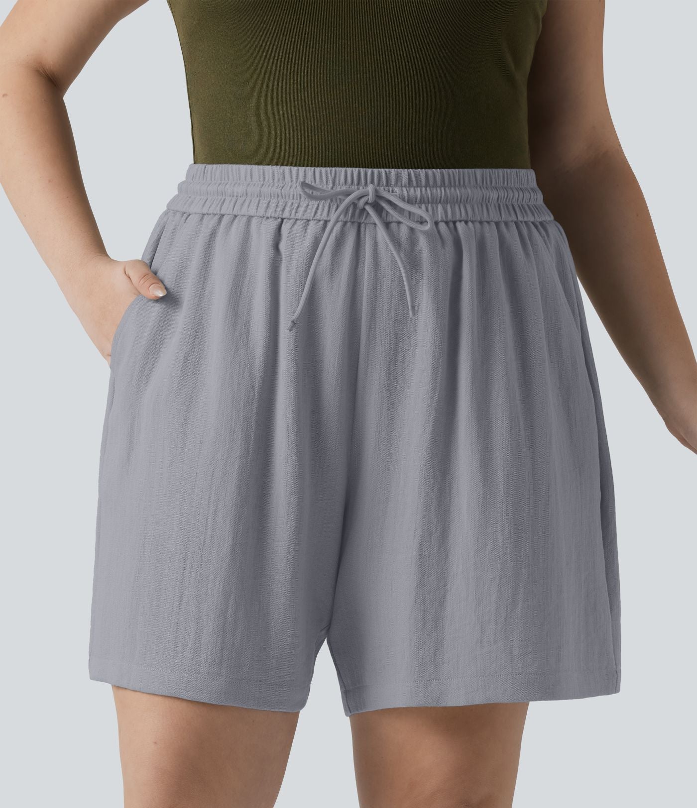 Short casual aspect lin grande taille taille haute avec cordon de serrage et poches