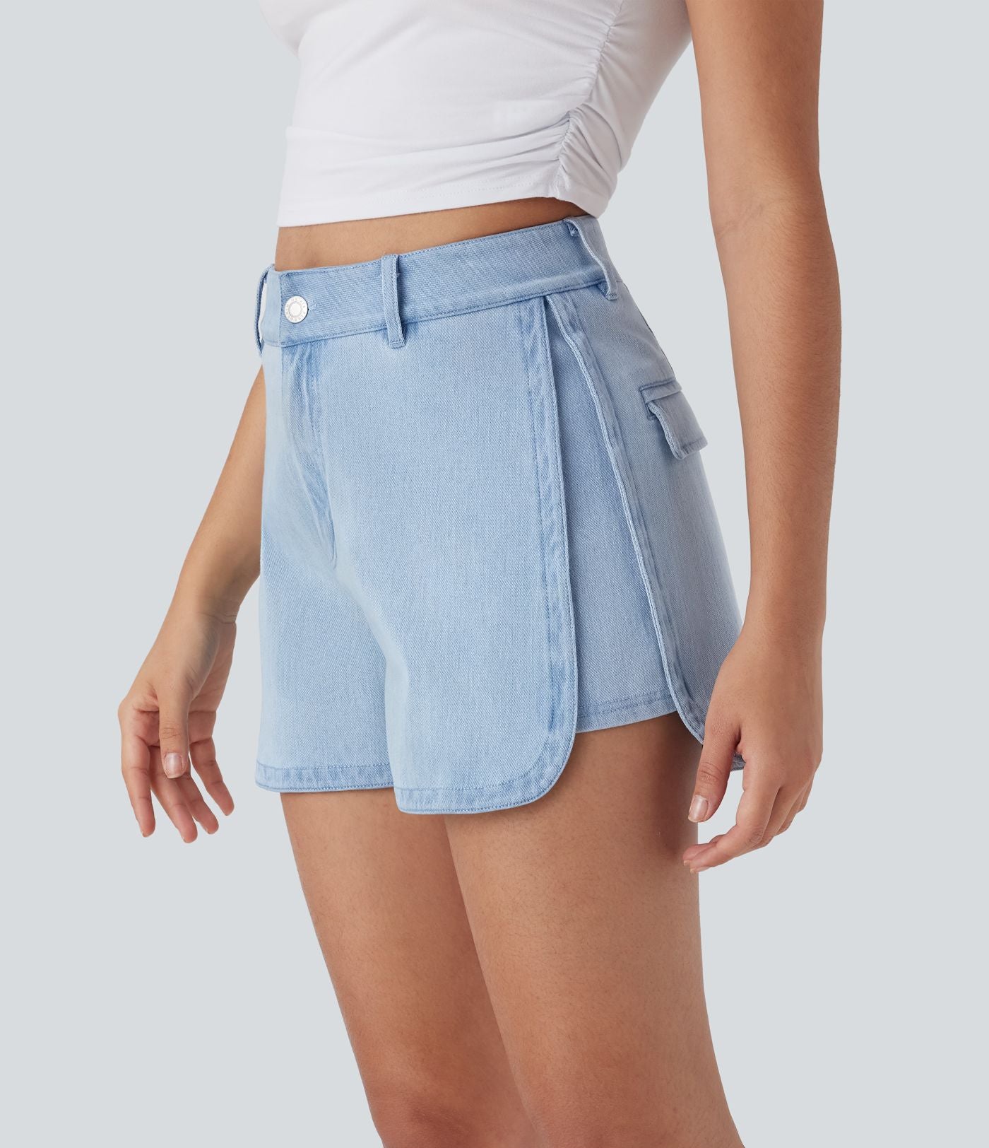Short décontracté en denim extensible Halara Flex™ taille haute avec bouton, fermeture éclair et ourlet courbé 7,5 cm