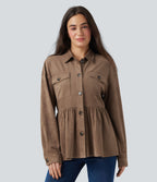Veste-chemise décontractée effet daim manches longues à ourlet volants avec poches