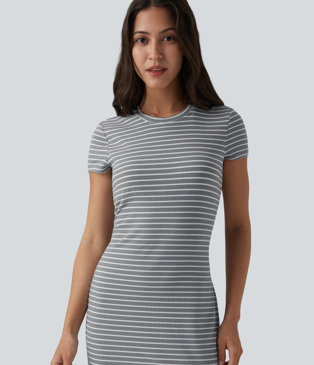 Robe courte moulante casual col rond manches courtes à rayures avec brassière intégrée