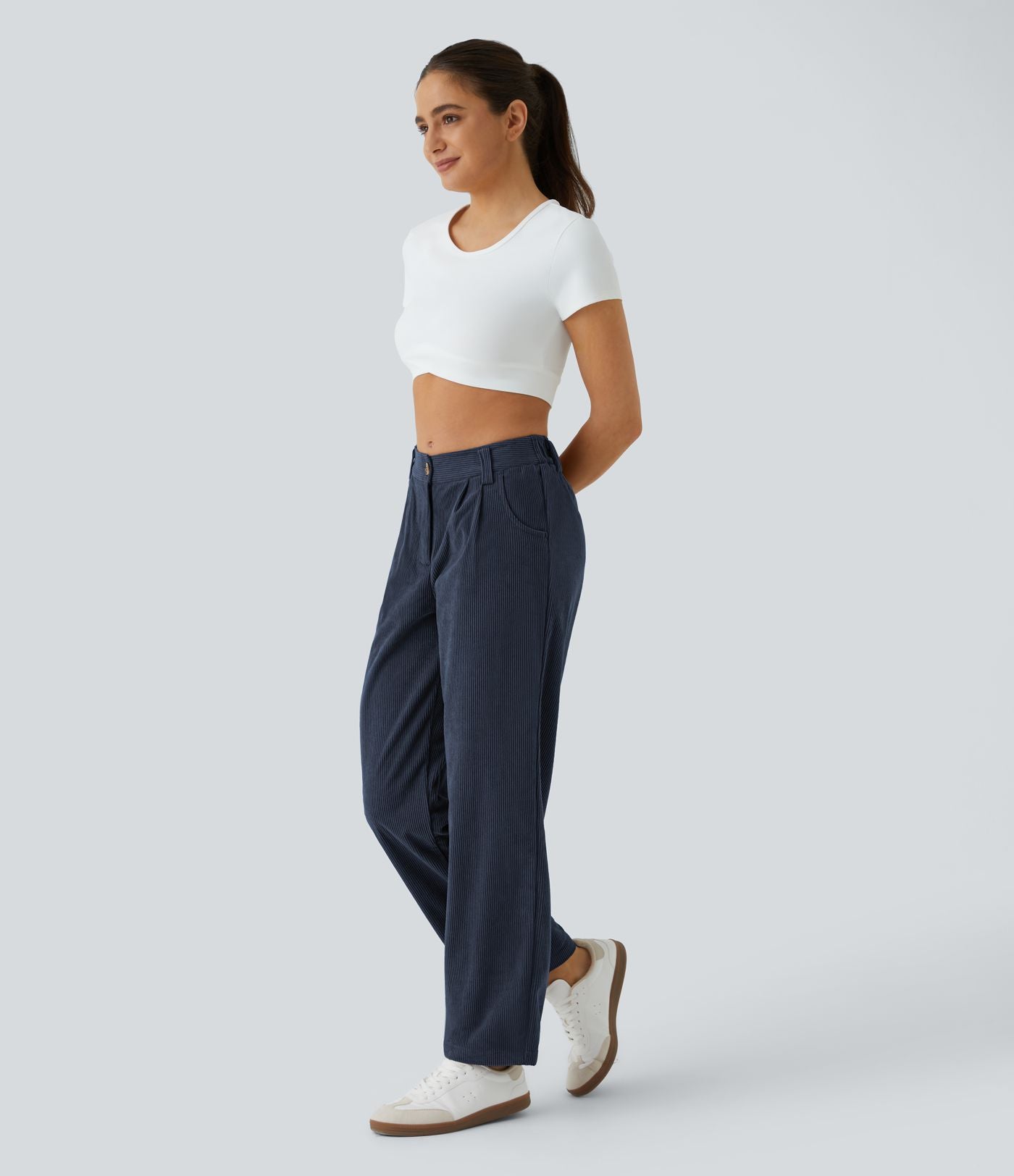 Pantalon en velours côtelé décontracté taille moyenne avec poches latérales