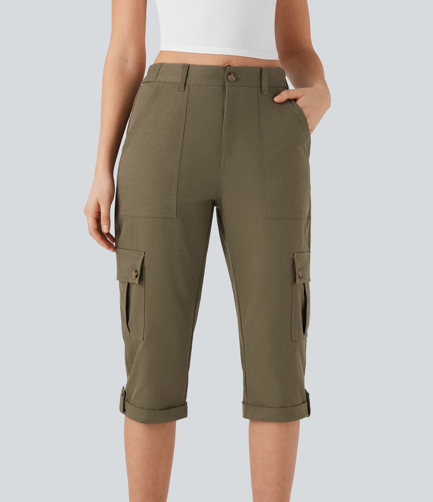 Pantalon cargo décontracté taille moyenne à ourlet roulé avec poches à rabat