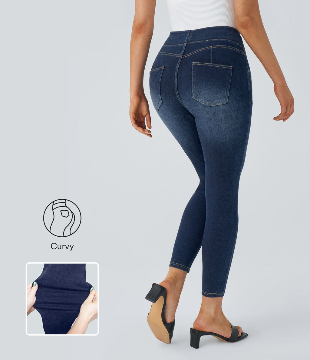 Halara Flex™ Jean Casual 7/8 à Taille Haute pour Courbes avec Boutons Décoratifs Plusieurs Poches Tricot Extensible et Lavé