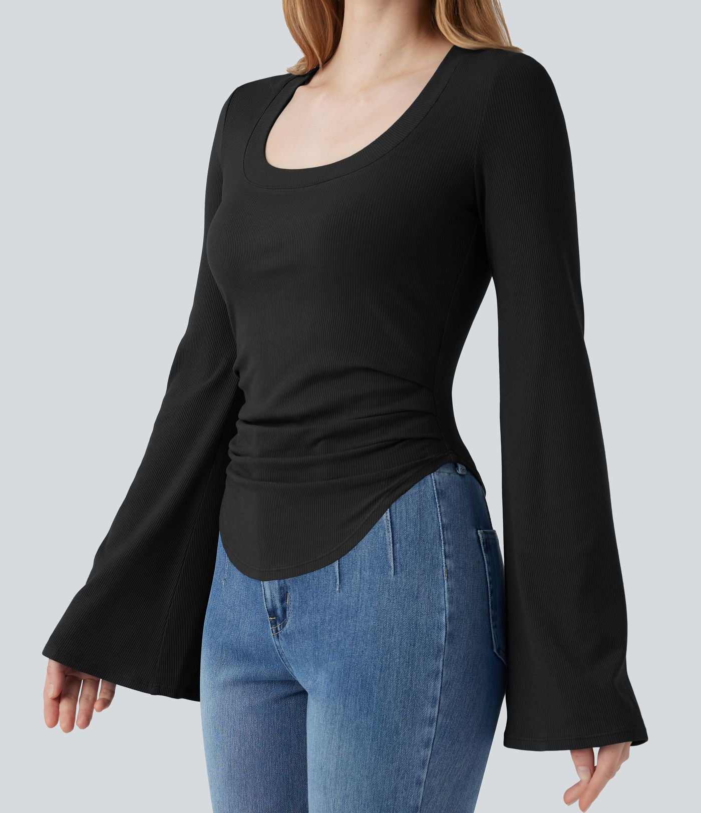T-shirt en maille côtelée décolleté carré manches à volants froncé ourlet arrondi