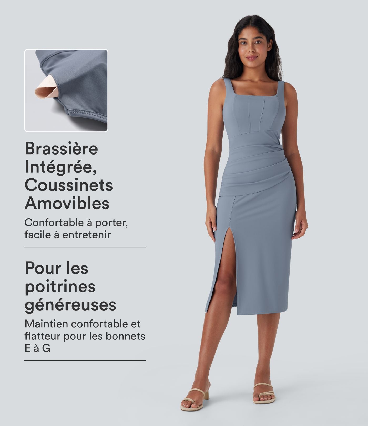 Robe moulante mi-longue SoftlyZero™ Airy col carré corset froncée effet frais InstantCool, bonnets E-G