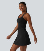 Robe sport mini de tennis 2 pièces à col U, soutien-gorge intégré, rayures, séchage rapide et poches - UPF40+
