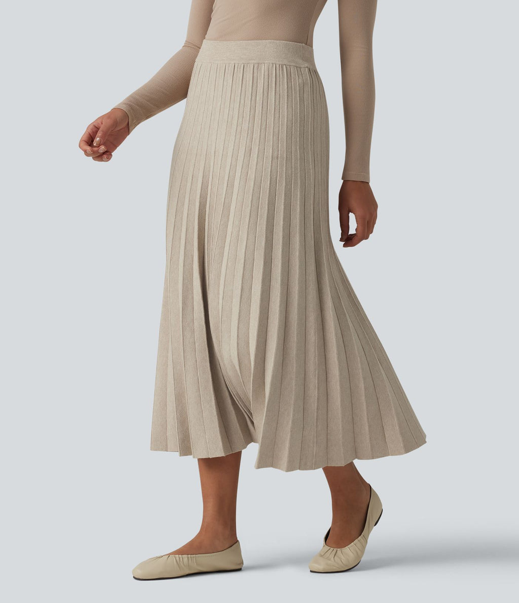 Jupe midi casual en maille plissée taille haute, coupe trapèze