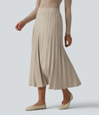 Jupe midi casual en maille plissée taille haute, coupe trapèze