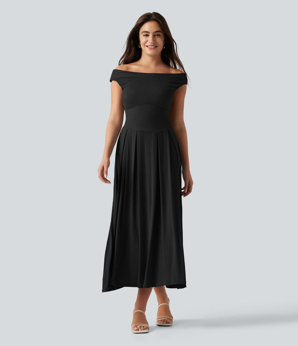 Robe midi casual fluide côtelée gainante à épaules dénudées