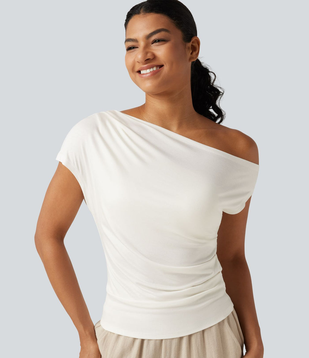 T-shirt côtelé asymétrique avec fronces et coussinets amovibles