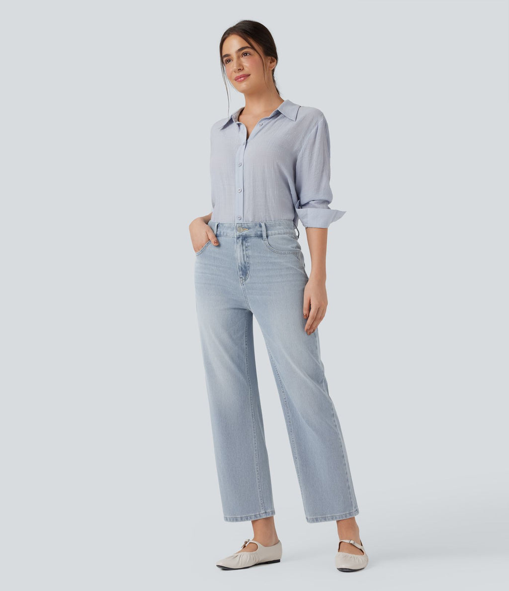 Jean 7/8 décontracté délavé taille haute coupe droite Halara Flex™ avec poches