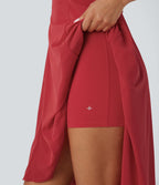 Robe active de danse midi fluide à dos nu avec lacets, 2-en-1, poche, ourlet asymétrique et maille contrastée