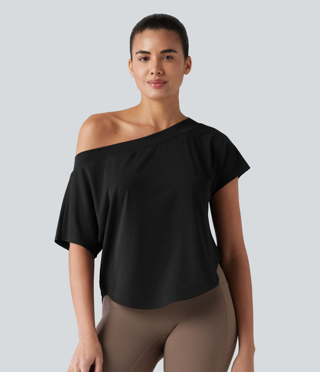 Haut de sport yoga asymétrique à une épaule manches courtes ourlet arrondi asymétrique séchage rapide
