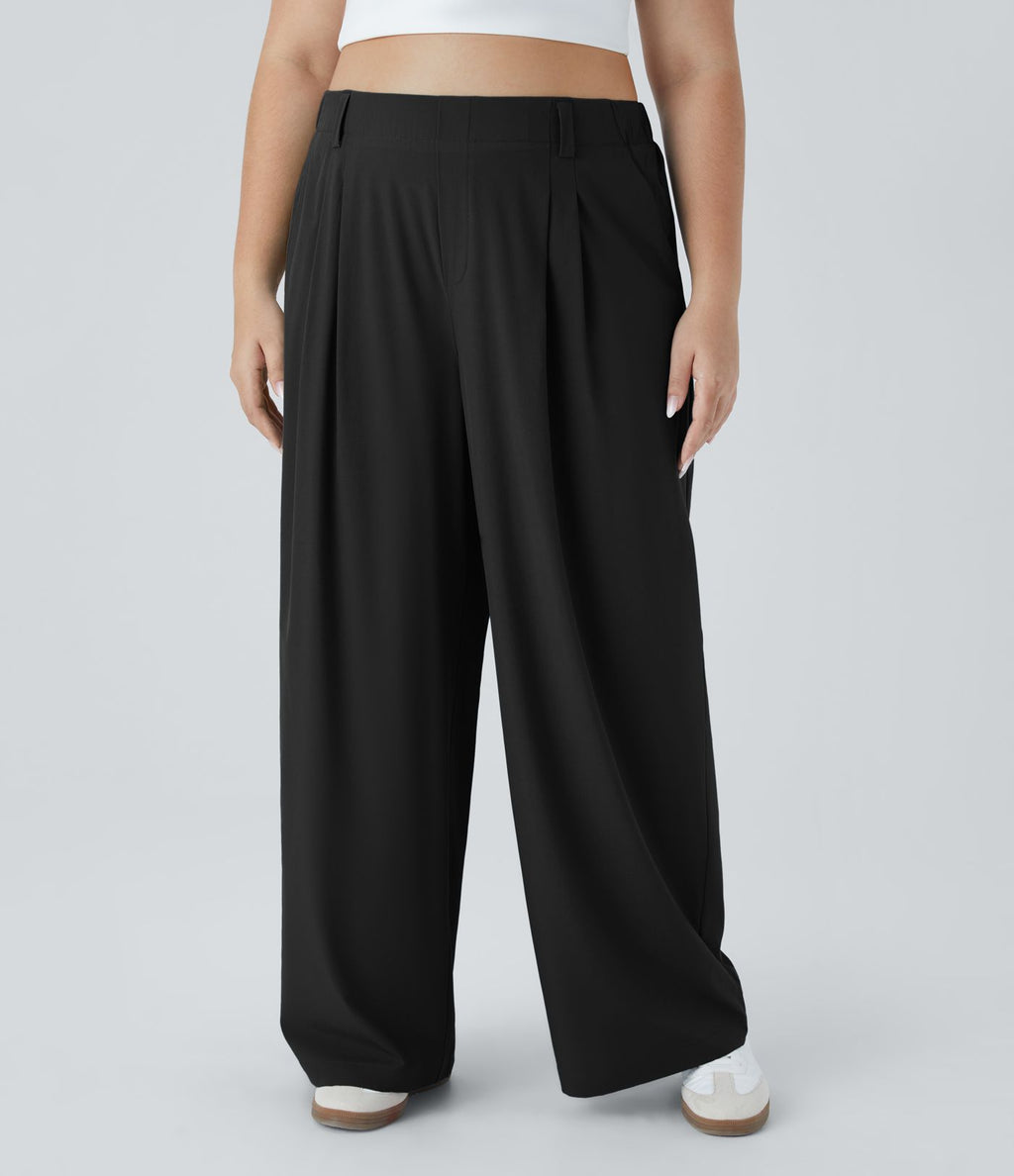 Breezeful™ Pantalon Évasé Palazzo Grande Taille Casual Taille Haute avec Plis Poche Latérale Fluide Uni et Séchage Rapide