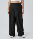 Breezeful™ Pantalon Évasé Palazzo Grande Taille Casual Taille Haute avec Plis Poche Latérale Fluide Uni et Séchage Rapide