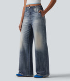 Jogging jean décontracté en molleton French Terry imprimé denim taille mi-haute avec poches