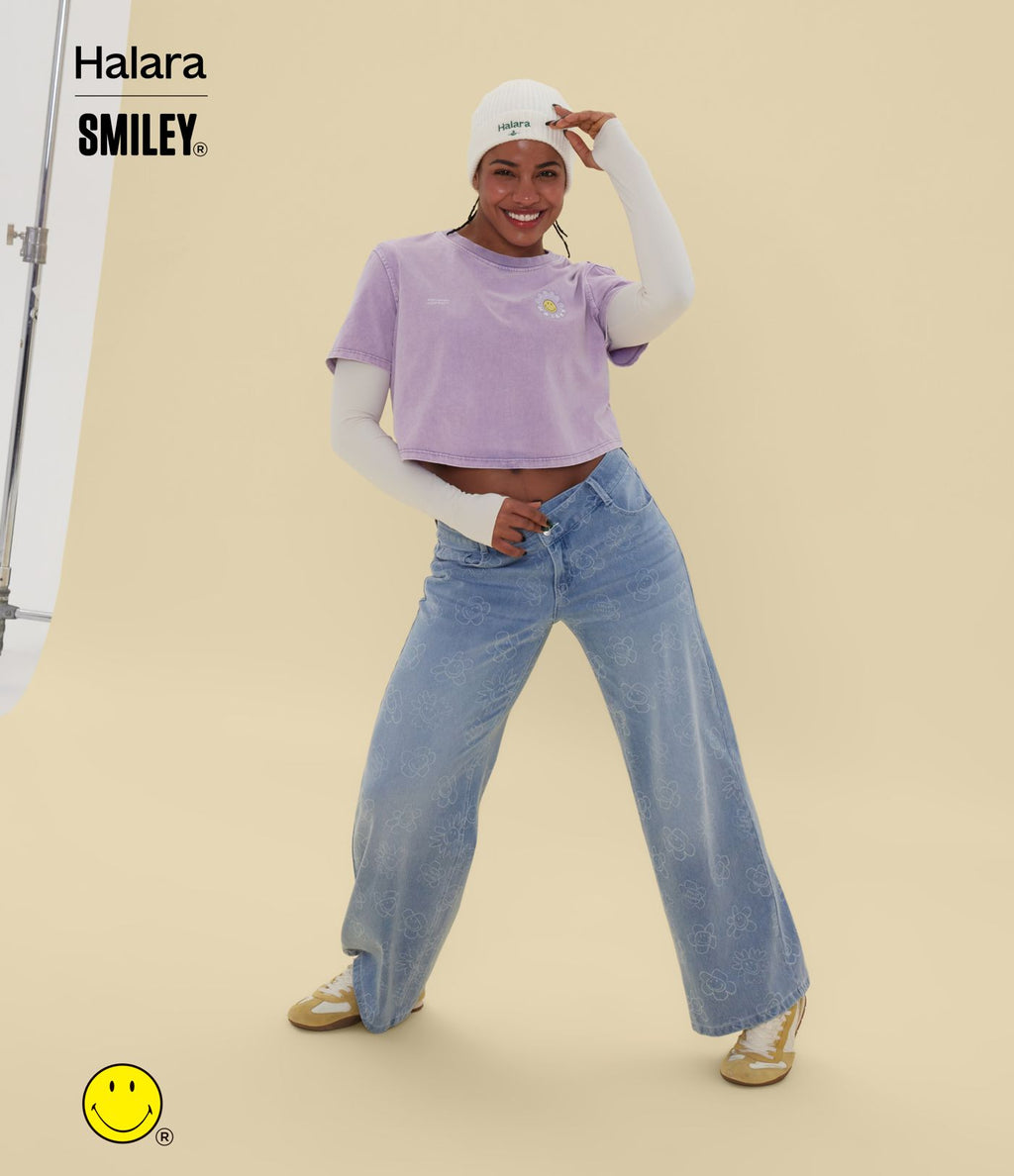 T-shirt casual en coton délavé Halara X Smiley® col rond à manches courtes