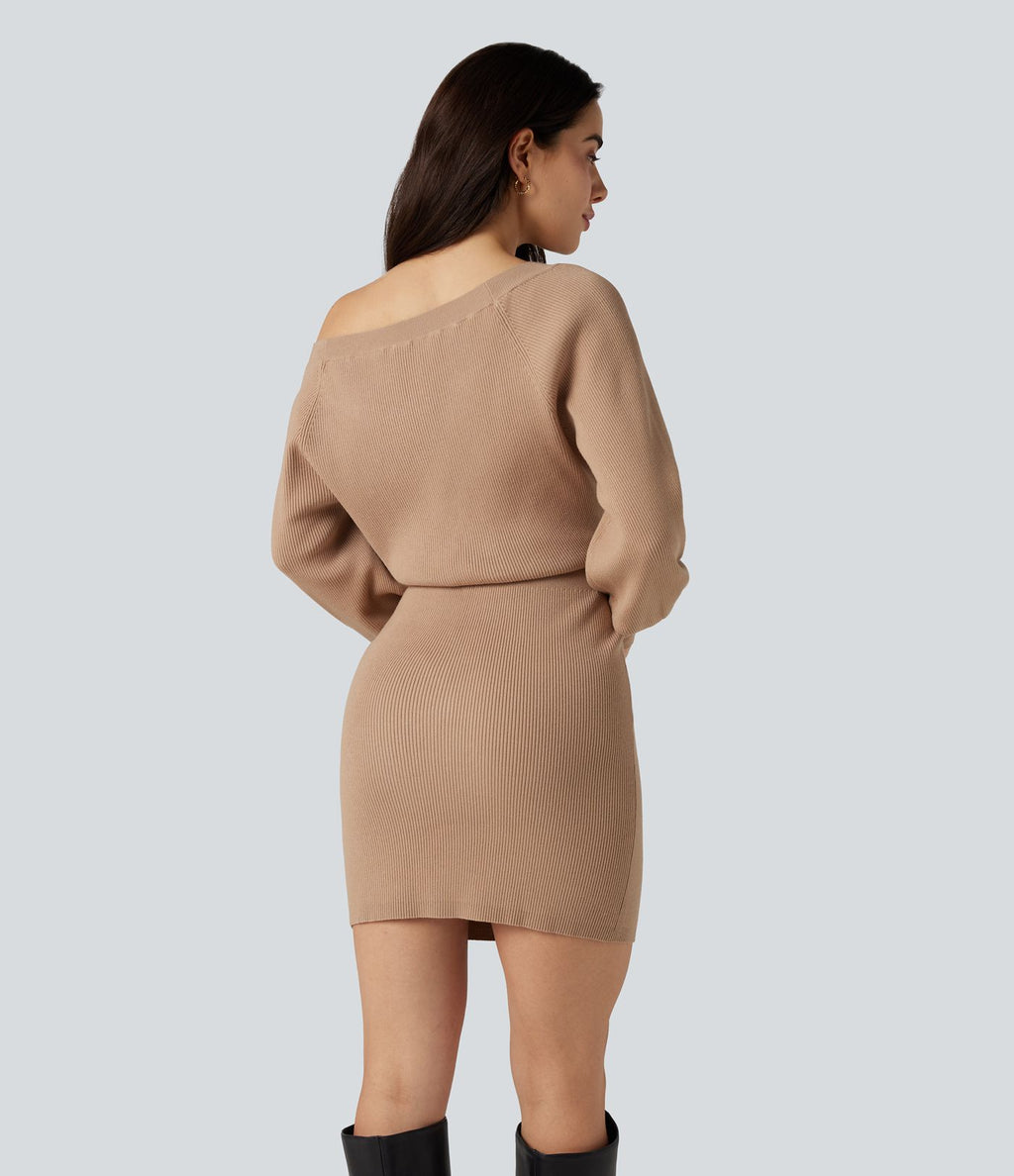 Robe pull mini moulante col bateau manches longues