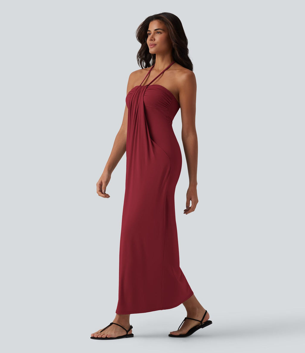 Robe longue dos nu col licou avec nœud et poches