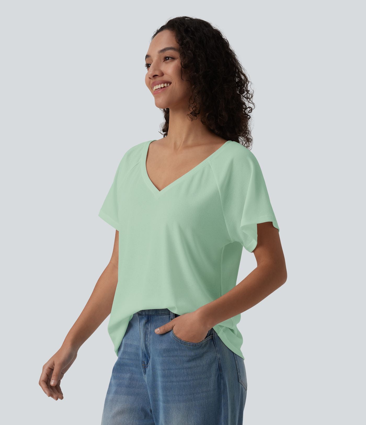 T-shirt casual col V manches raglan courtes coupe ample