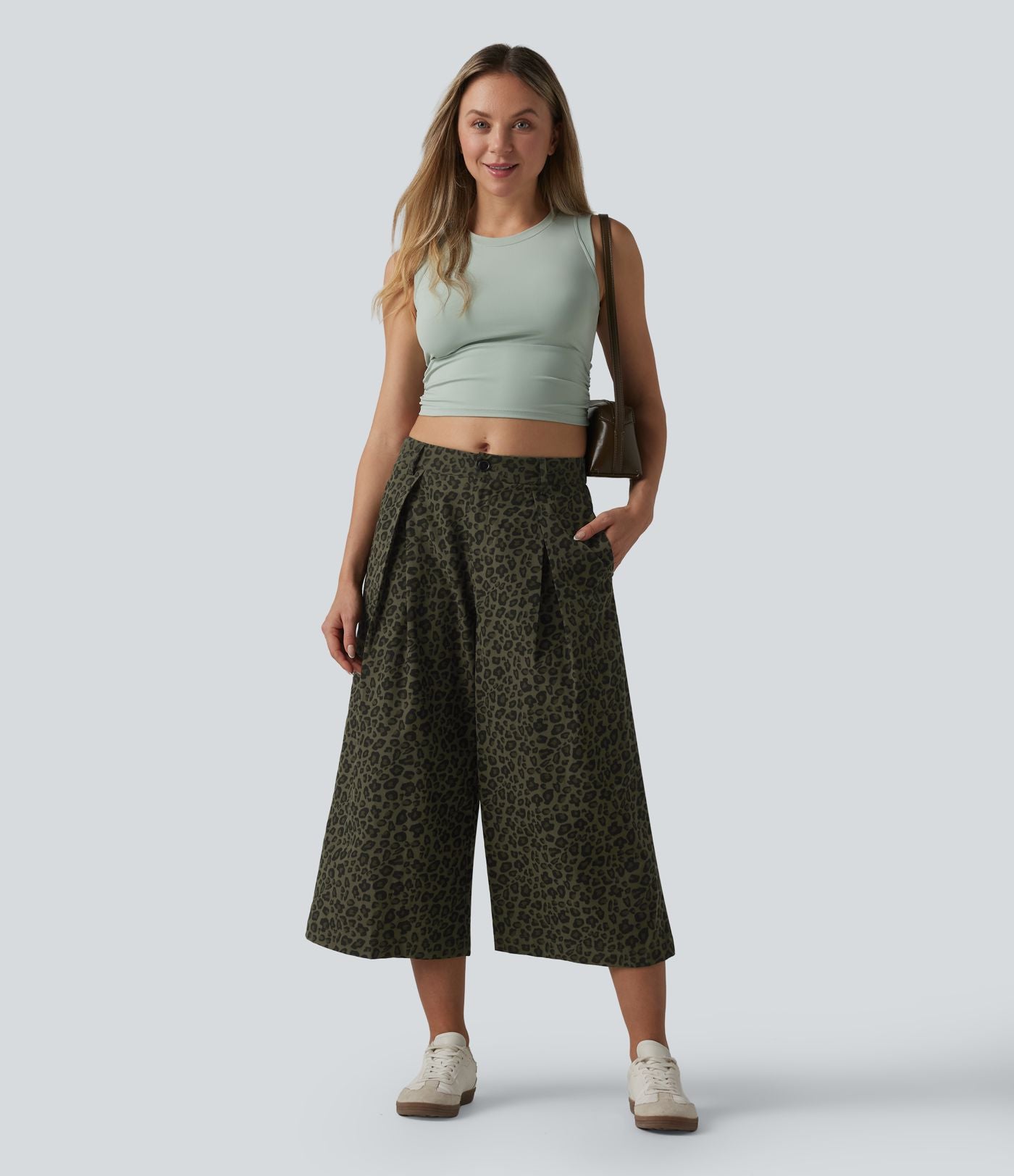 Pantalon léopard casual court taille mi-haute avec poches