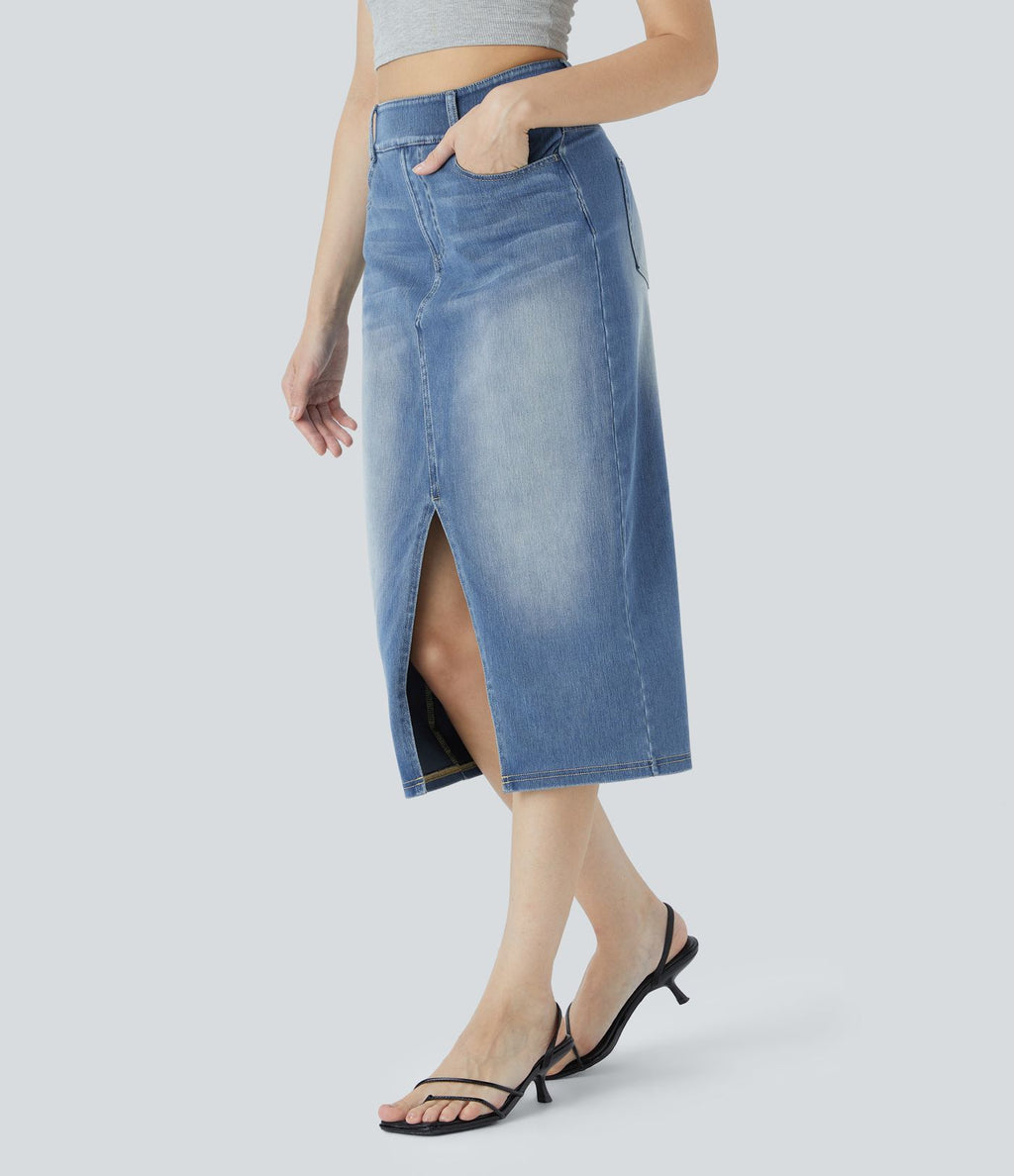 Halara Flex™ Jupe en Jean Casual Mi-Longue Délavé Extensible Plusieurs Poches Taille Haute