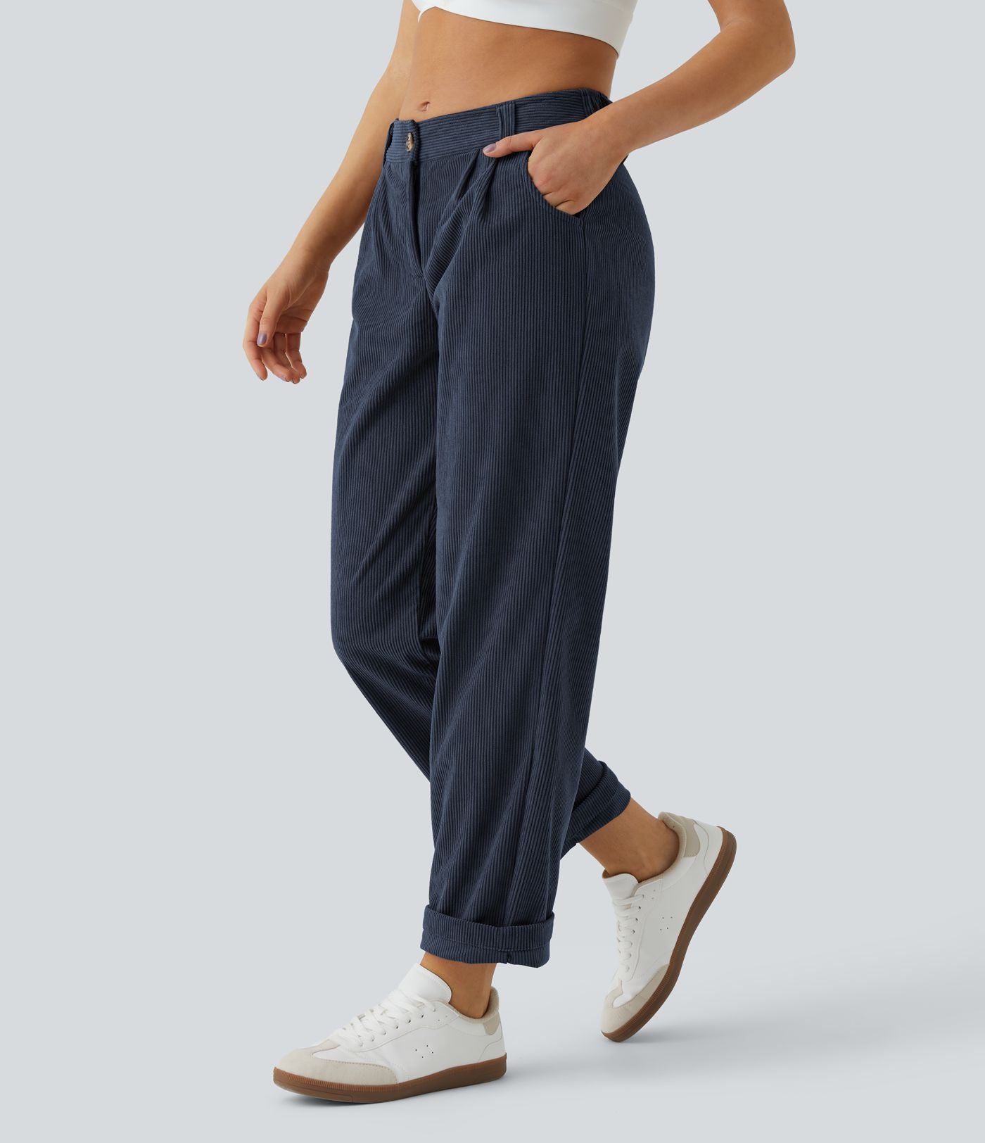 Pantalon en velours côtelé décontracté taille moyenne avec poches latérales