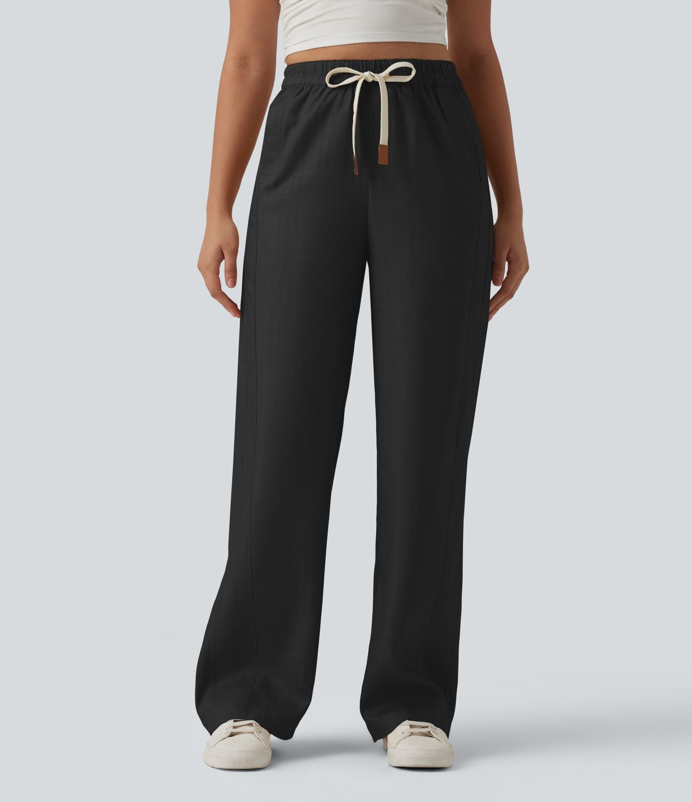 Pantalon large fluide décontracté en lin mélangé taille haute avec cordon de serrage et poches