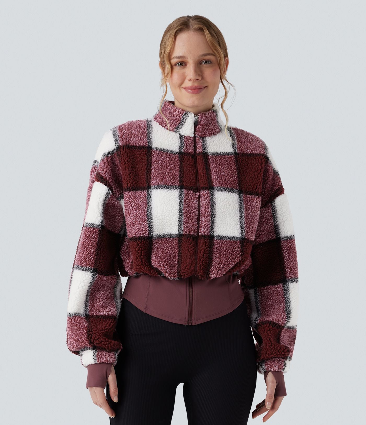 Veste 3-en-1 à col montant, manches longues, trous pour les pouces et veste sherpa à ourlet avec cordon de serrage avec poches
