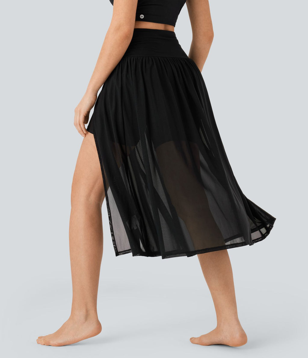 Jupe de danse mi-longue fluide 2-en-1 taille haute, fendue avec poche latérale