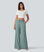 Pantalon large fluide casual 2 en 1 taille mi-haute avec cordon de serrage, dentelle contrastante, poches et aspect lin