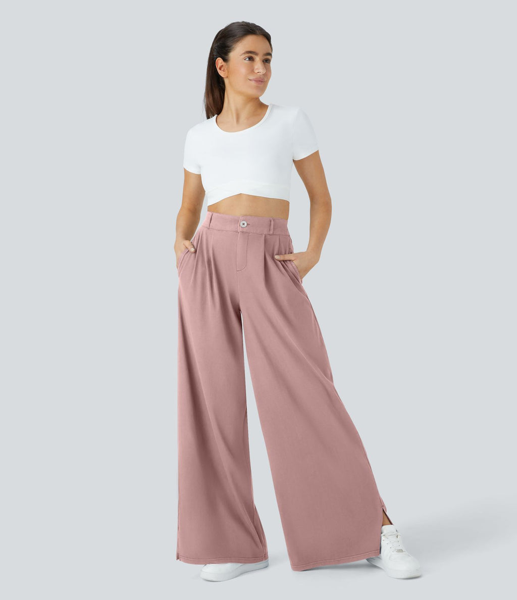 Pantalon Large Casual Taille Haute Boutonnés Fermeture Éclair Plissé Poches Latérales Ourlet Fendu