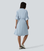 Robe courte casual denim en lyocell col V manches longues avec nœud devant et poches